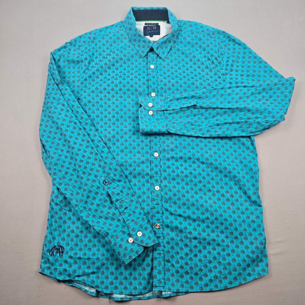 John Lennon Teal Polka Dot Stretch Cotton Button-Up Shirt Peace Sign - XL